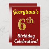 Invitation Rouge, Faux Gold 6e anniversaire Célébration + Nom (Devant / Derrière)