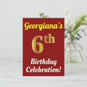 Invitation Rouge, Faux Gold 6e anniversaire Célébration + Nom (Debout devant)