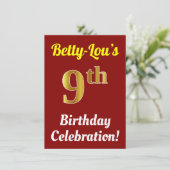Invitation Rouge, Faux Gold 9e anniversaire Célébration + Nom (Debout devant)