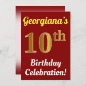 Invitation Rouge, Faux Or 10e anniversaire Célébration + Nom (Devant / Derrière)