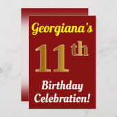 Invitation Rouge, Faux Or 11e anniversaire Célébration + Nom (Devant / Derrière)