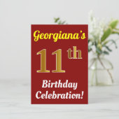 Invitation Rouge, Faux Or 11e anniversaire Célébration + Nom (Debout devant)
