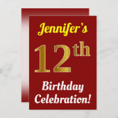 Invitation Rouge, Faux Or 12e anniversaire Célébration + Nom (Devant / Derrière)