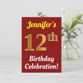 Invitation Rouge, Faux Or 12e anniversaire Célébration + Nom (Debout devant)