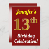 Invitation Rouge, Faux Or 13e anniversaire Célébration + Nom (Devant / Derrière)