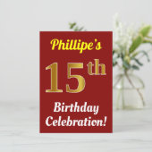Invitation Rouge, Faux Or 15e anniversaire Célébration + Nom (Debout devant)
