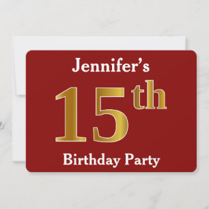 Invitation Rouge, Faux Or 15e Anniversaire + Nom Personnalisé