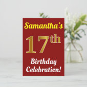 Invitation Rouge, Faux Or 17e anniversaire Célébration + Nom (Debout devant)