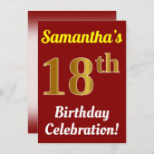 Invitation Rouge, Faux Or 18e anniversaire Célébration + Nom (Devant / Derrière)