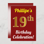 Invitation Rouge, Faux Or 19e anniversaire Célébration + Nom (Devant / Derrière)