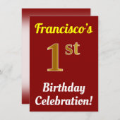 Invitation Rouge, Faux Or 1er anniversaire Célébration + Nom (Devant / Derrière)