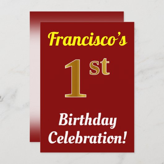 Invitation Rouge, Faux Or 1er anniversaire Célébration + Nom (Devant / Derrière)