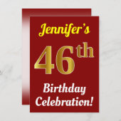 Invitation Rouge, Faux Or 46e anniversaire Célébration + Nom (Devant / Derrière)