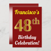 Invitation Rouge, Faux Or 48e anniversaire Célébration + Nom (Devant / Derrière)