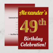 Invitation Rouge, Faux Or 49e anniversaire Célébration + Nom (Devant / Derrière)