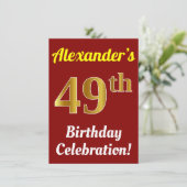 Invitation Rouge, Faux Or 49e anniversaire Célébration + Nom (Debout devant)