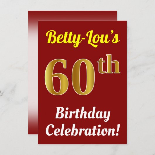 Invitation Rouge, Faux Or 60e anniversaire Célébration + Nom (Devant / Derrière)