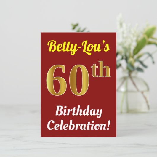 Invitation Rouge, Faux Or 60e anniversaire Célébration + Nom (Debout devant)