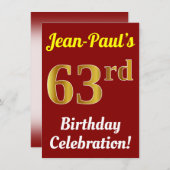 Invitation Rouge, Faux Or 63e anniversaire Célébration + Nom (Devant / Derrière)