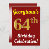 Invitation Rouge, Faux Or 64e anniversaire Célébration + Nom (Devant / Derrière)