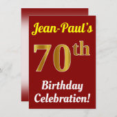 Invitation Rouge, Faux Or 70e anniversaire Célébration + Nom (Devant / Derrière)