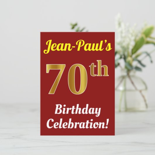 Invitation Rouge, Faux Or 70e anniversaire Célébration + Nom (Debout devant)
