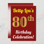 Invitation Rouge, Faux Or 80e anniversaire Célébration + Nom (Devant / Derrière)
