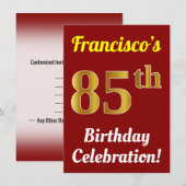 Invitation Rouge, Faux Or 85e anniversaire Célébration + Nom (Devant / Derrière)