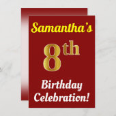 Invitation Rouge, Faux Or 8e anniversaire Célébration + Nom (Devant / Derrière)
