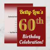 Invitation Rouge, Faux Or Célébration des 60 ans + Nom (Devant / Derrière)