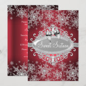Invitation Rouge Fête Douce 16 avec Éclat de Neige (Devant / Derrière)