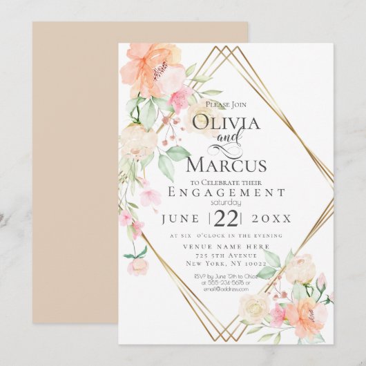 Invitation Rouge Fiançailles Crème Corail Bouquet Floral Prin (Devant / Derrière)