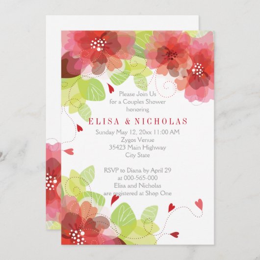 Invitation Rouge, fleurs roses fleuries mariages douche (Devant / Derrière)