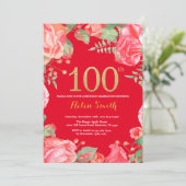 Invitation Rouge Floral 100e anniversaire Parties scintillant (Debout devant)