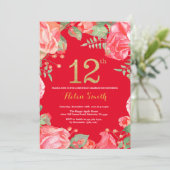 Invitation Rouge Floral 12e anniversaire Parties scintillant (Debout devant)