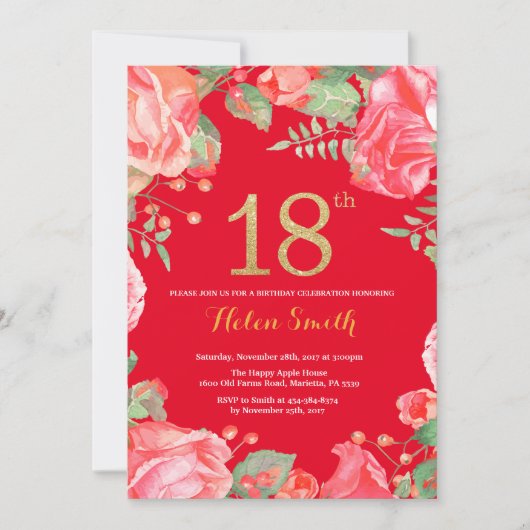 Invitation Rouge Floral 18e anniversaire Parties scintillant  (Devant)