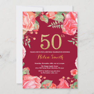 Invitation Rouge Floral 50e Anniversaire Gold Parties scintil