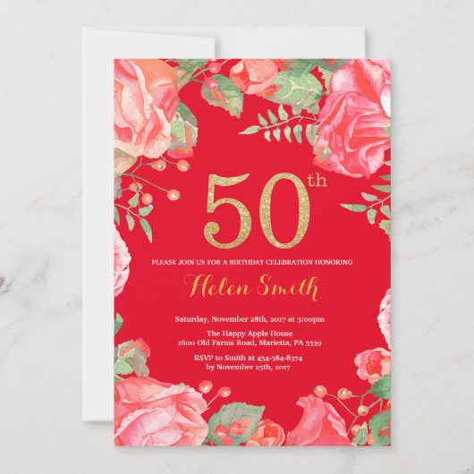 Invitation Rouge Floral 50e anniversaire Parties scintillant  (Devant)
