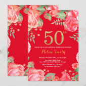 Invitation Rouge Floral 50e anniversaire Parties scintillant  (Devant / Derrière)