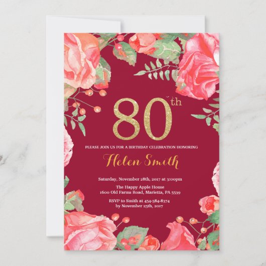 Invitation Rouge Floral 80e anniversaire Parties scintillant  (Devant)