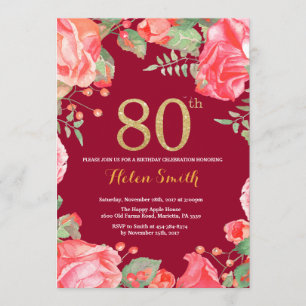 Invitation Rouge Floral 80e anniversaire Parties scintillant