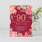 Invitation Rouge Floral 90e anniversaire Parties scintillant (Debout devant)