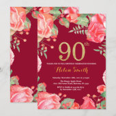 Invitation Rouge Floral 90e anniversaire Parties scintillant (Devant / Derrière)