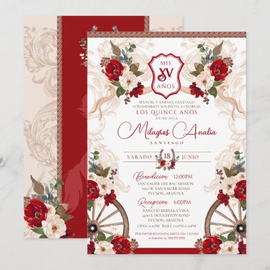 Invitation Rouge Floral Baroque Charro Quinceañera (Devant / Derrière)