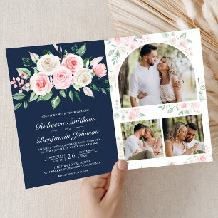 Invitation Rouge Floral Bleu Marine Code QR Mariage