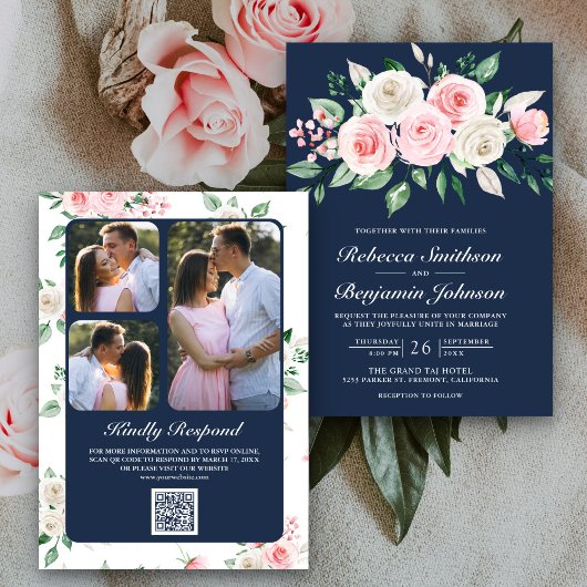Invitation Rouge Floral Bleu Marine Code QR Mariage