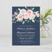 Invitation Rouge Floral Bleu Marine Code QR Mariage (Debout devant)
