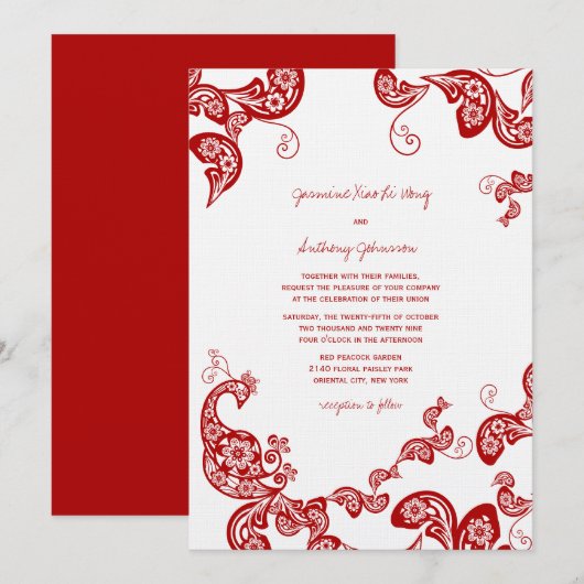 Invitation Rouge Floral Boho Peacock Eastern Chic Mariage asi (Devant / Derrière)