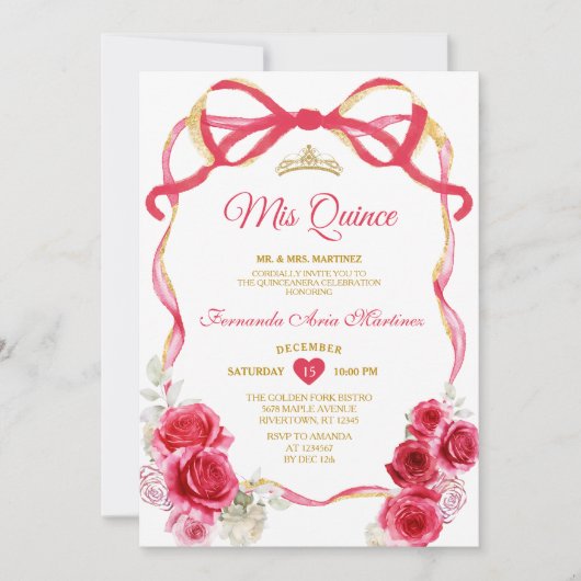Invitation Rouge Floral Bow Ribbon Gold Crown Girl Mis Quince (Devant)