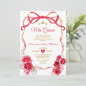Invitation Rouge Floral Bow Ribbon Gold Crown Girl Mis Quince (Debout devant)
